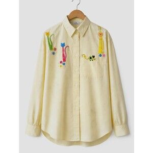 P.G.B. Vintage Pastel Yellow Pinstripe Cat & Mouse Applique Button Front Blouse
